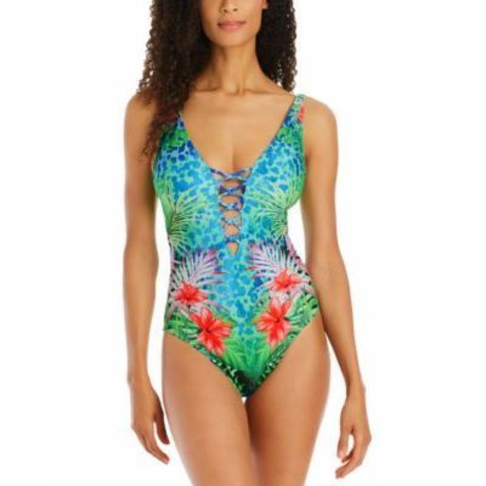 NWT Bleu By Rod Beattie Tropical Flight Lattice-Trim One Piece Swimsuit